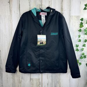 Coleman Unisex Black Aqua Full Zip Snap Windbreaker Hooded Jacket with Pockets